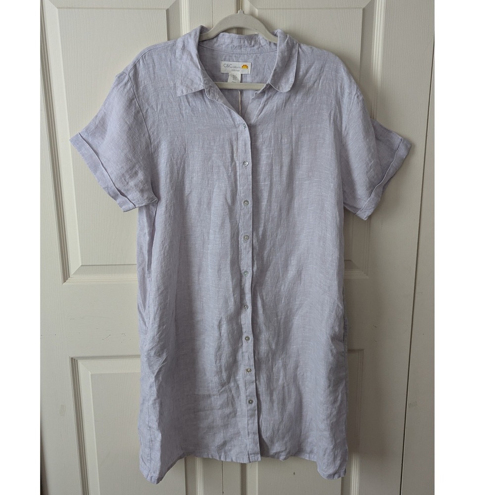 C&C California Shirt Dress Gray‎ Sz L Linen Shift Button Down Beach Coastal NWT